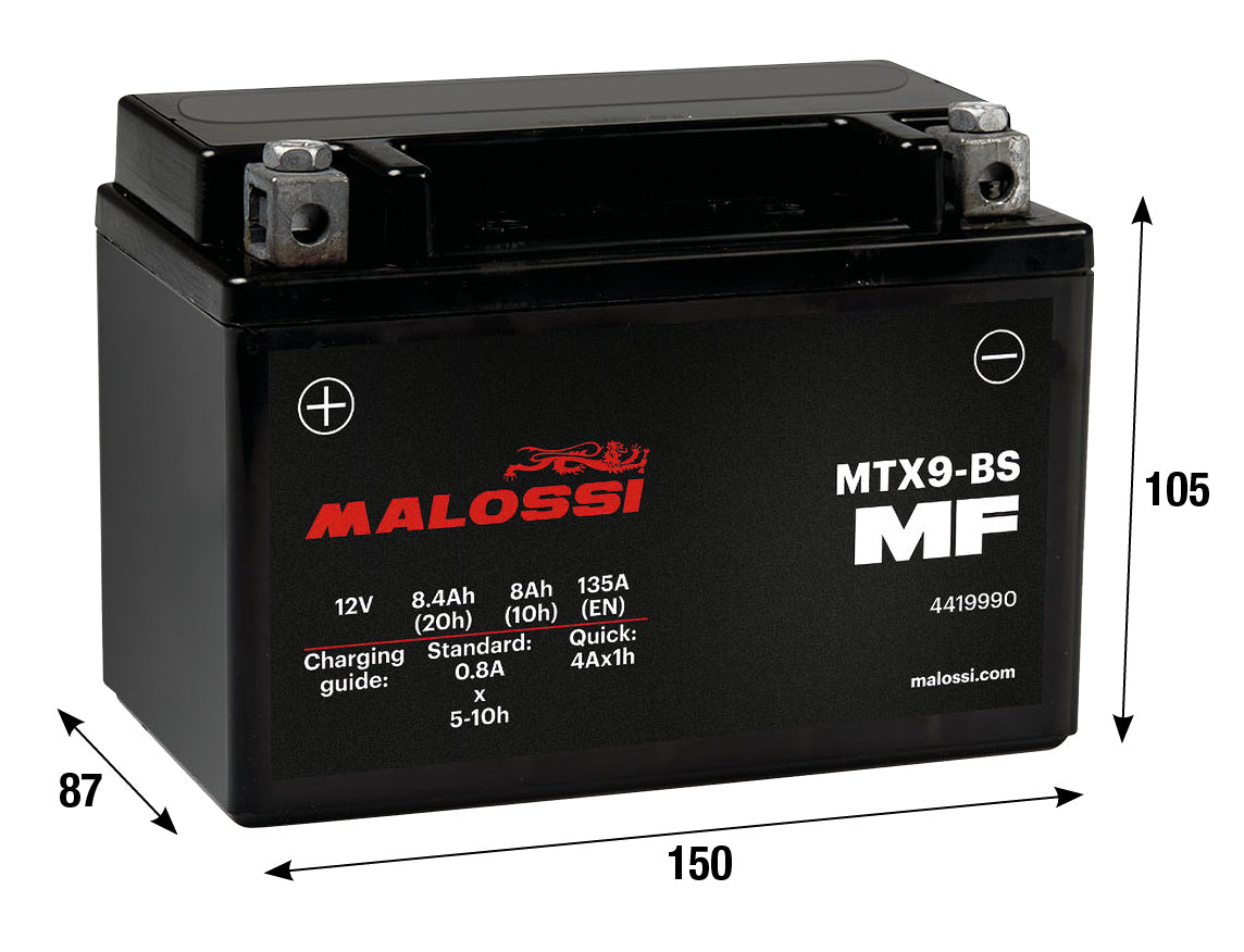 Batteria con acido Malossi MTX9-BS MF APRILIA BENELLI BETA BMW GARELLI 4419990