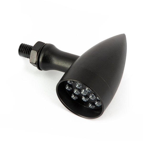 Coppia di mini lampeggianti LED in acciaio, colore nero con forma Rocket. Dotati di 14 LED per Moto e Scooter