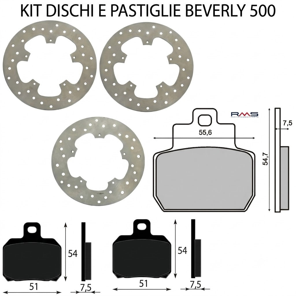 SET DISCHI +PASTIGLIE FRENO ANTERIORE+POSTERIORE PIAGGIO BEVERLY 500 2002 - 2007