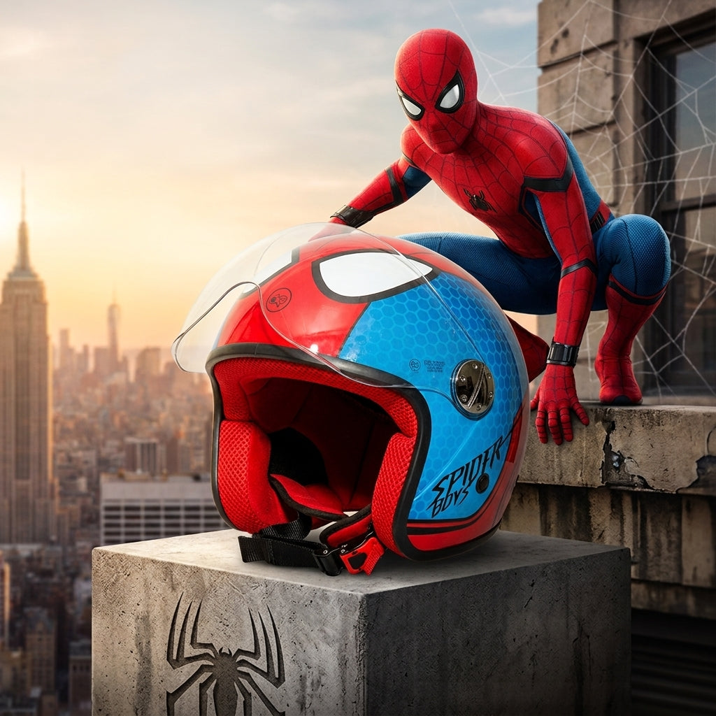 Casco Moto Jet da Bambino Bimbo One Junior Spiderman Spider Boys Taglia YL 51-52cm