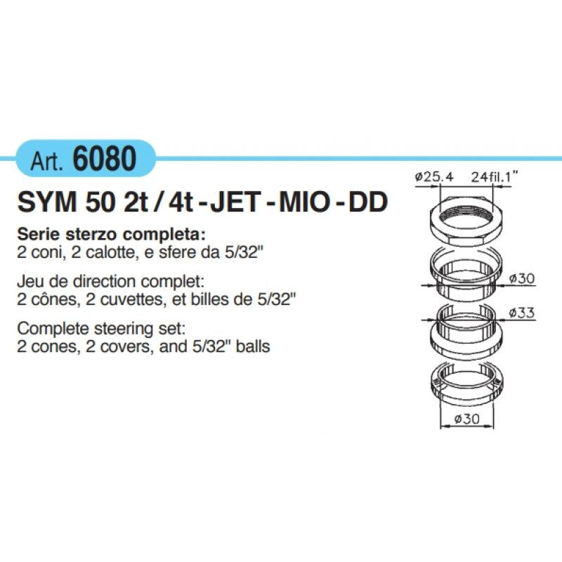 Buzzetti 6080 Serie Calotte sterzo completa con sfere da 5/32 per Sym 50 2t/4t Jet Mio Dd