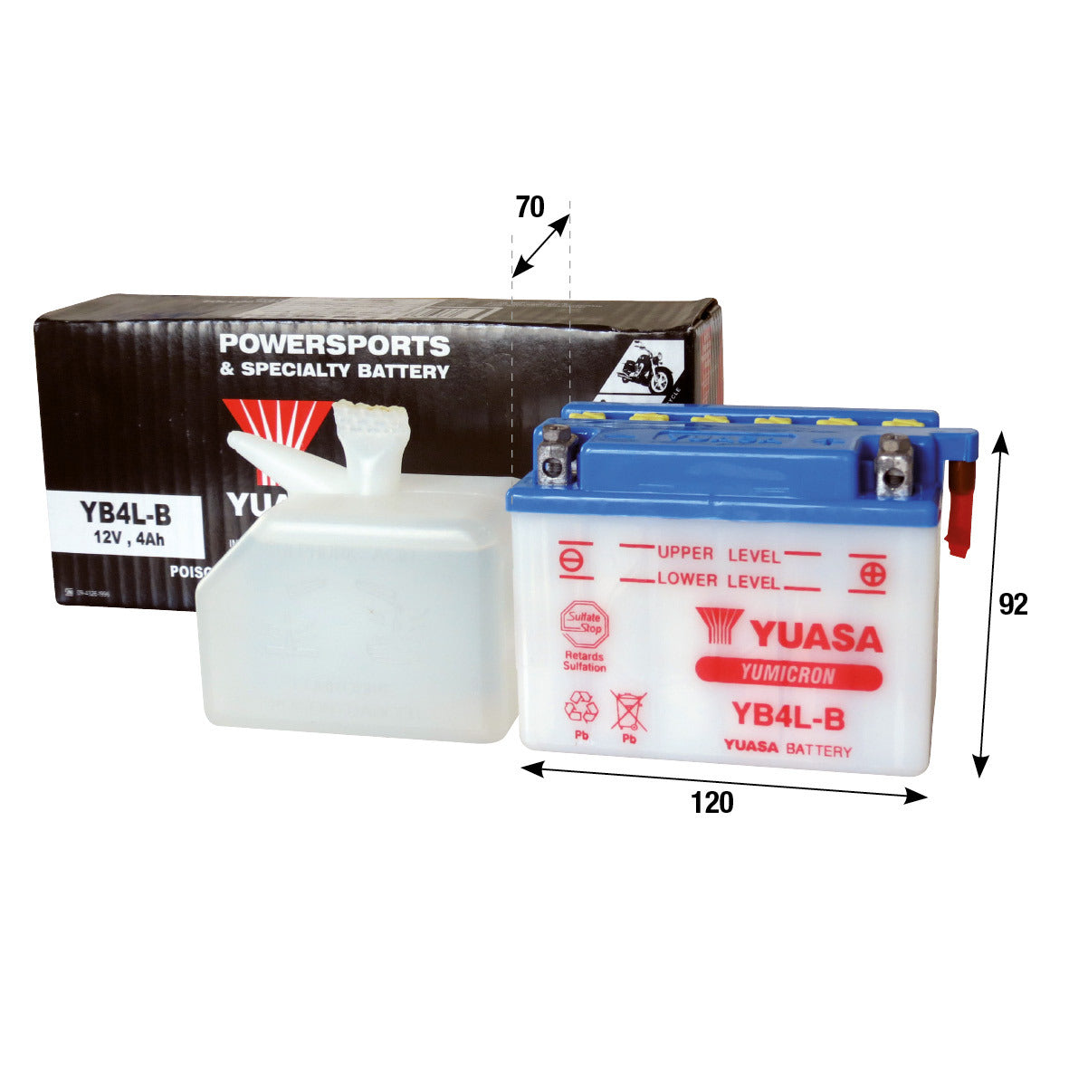 Batteria Yuasa YB4L-B + acido APRILIA ATALA BENELLI BETA CAGIVA DERBI MBK 121001