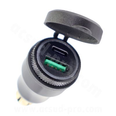CARICATORE CERTIFICATO DOPPIO USB B + USB C MOTO UNIVERSALE 12V /5V- 2.1A 5V-1A CON INTERRUTTORE , FISSAGGIO AL MANUBRIO O SPECCHIETTO (5V-2.1A-5V-1A)