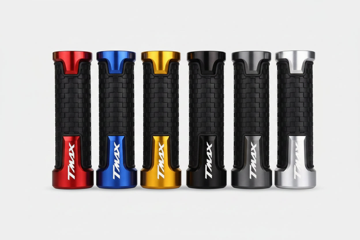 COPPIA MANOPOLE CON SCRITTA TMAX VARI COLORI YAMAHA T MAX 500 530 560 ARGENTO ORO NERO BLU ROSSO TITANIO